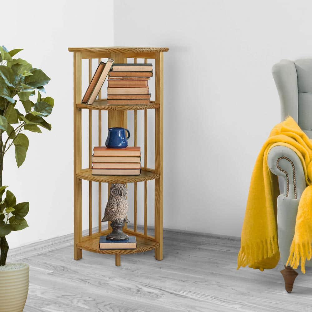 Natural Solid Wood 4-Shelf Corner Folding Bookcase