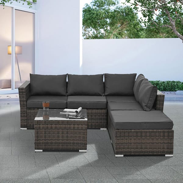 JimsMaison 4-Piece PE Rattan Wicker Patio Conversation Set with Dark Gray Cushion