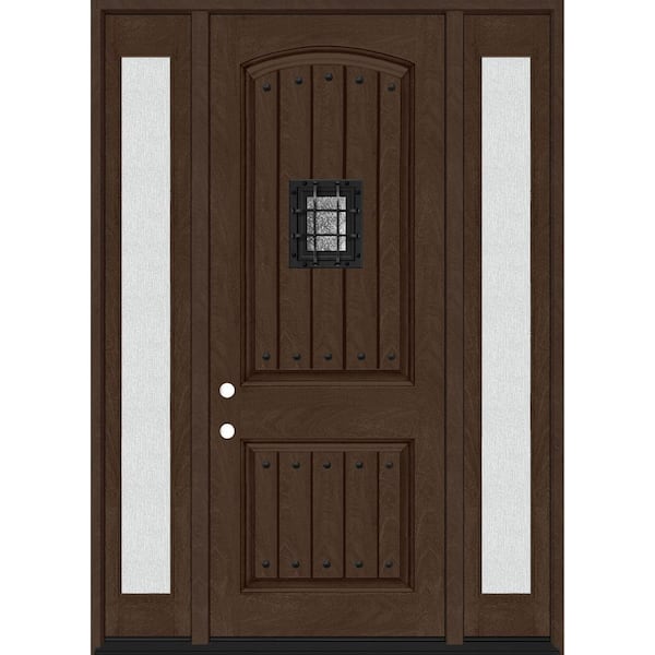 Steves & Sons Regency 68 in. x 96 in. 2P Plank Cavalier Speakeasy RHIS Hickory Stain Fiberglass Prehung Front Door w/Dbl 14in. Rain SL