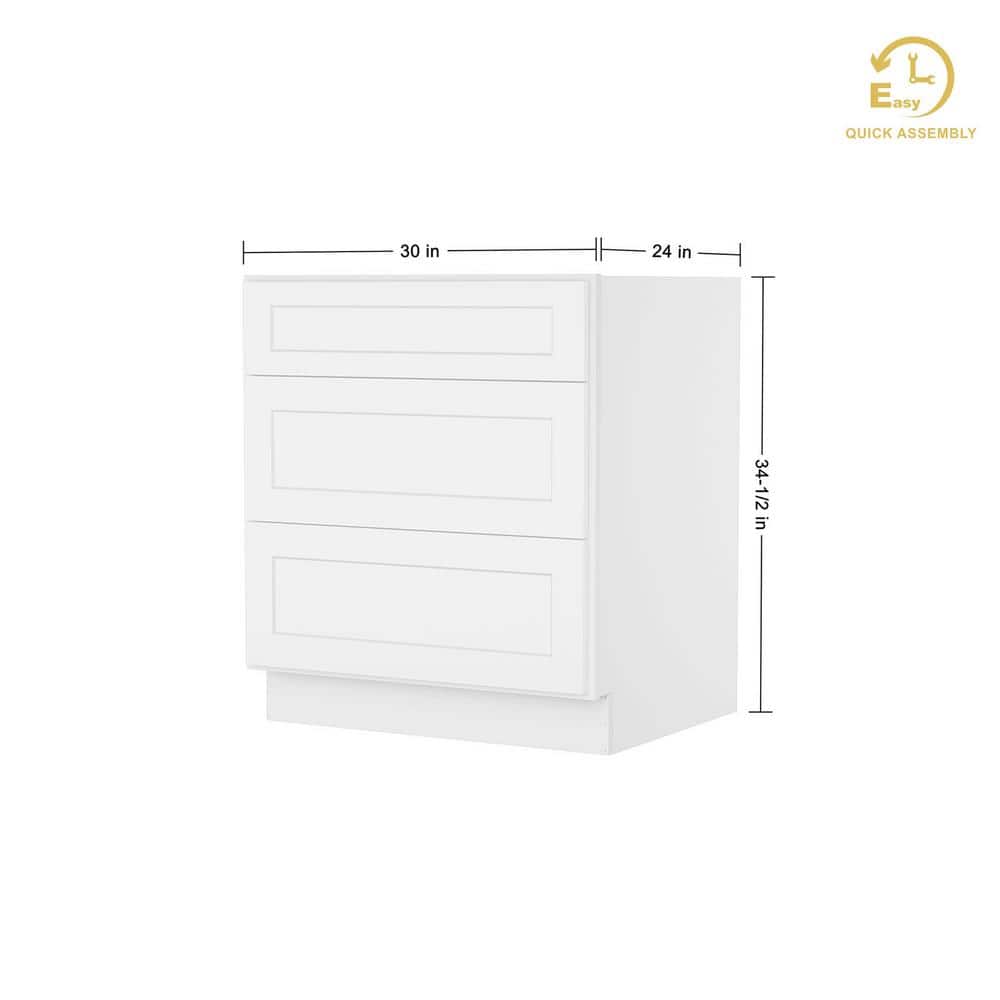 Shaker White Solid Wood 3-Drawer Base Kitchen Cabinet