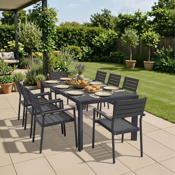 9-Piece Black 83.86 in. Aluminum Patio Outdoor Dining Set with Umbrella Hole and Stackable Dining Chairs