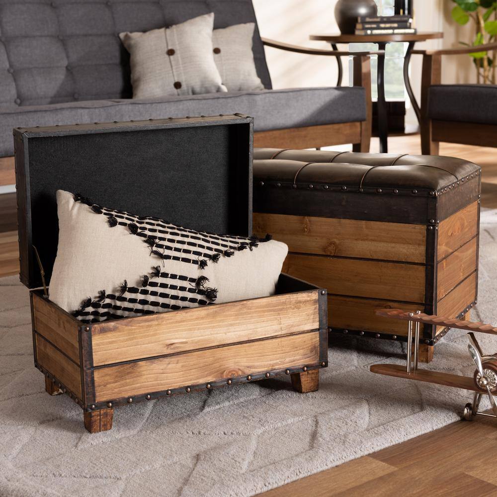Rustic Dark Brown Faux Leather Tufted Trunk Ottoman Set