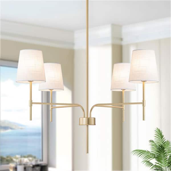 4-Light Gold Modern Farmhouse White Linen Shade Candle Chandelier