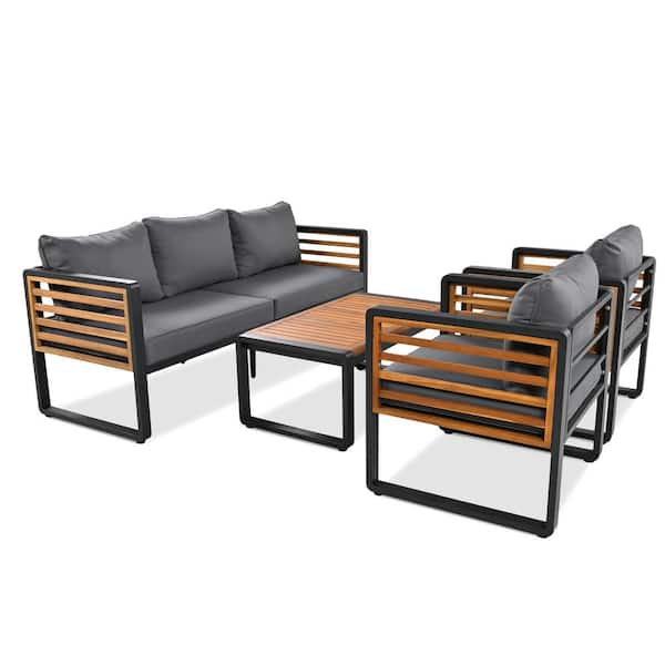 Unbranded Black 4-Piece Metal Outdoor Sectional Sofa Set with Gray Cushions and Acacia Wood Tabletop for Yard, Garden