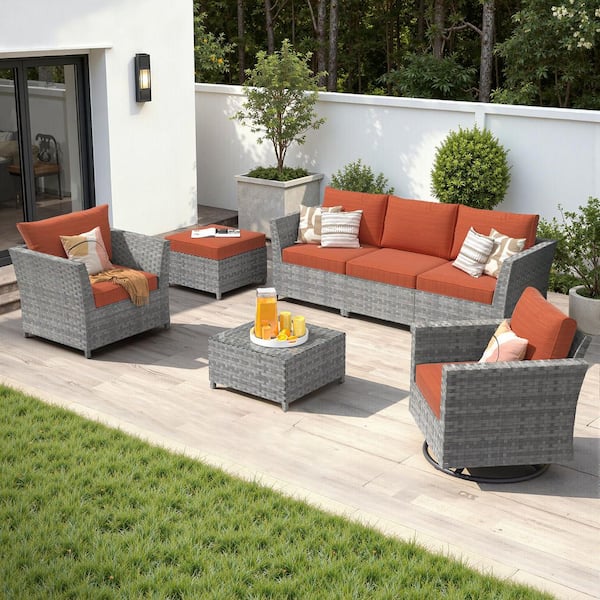 Auris Gray 7-Piece Wicker Outdoor Furniture Set Patio Conversation Set with Orange Red Cushions and Rocking Swivel Chair