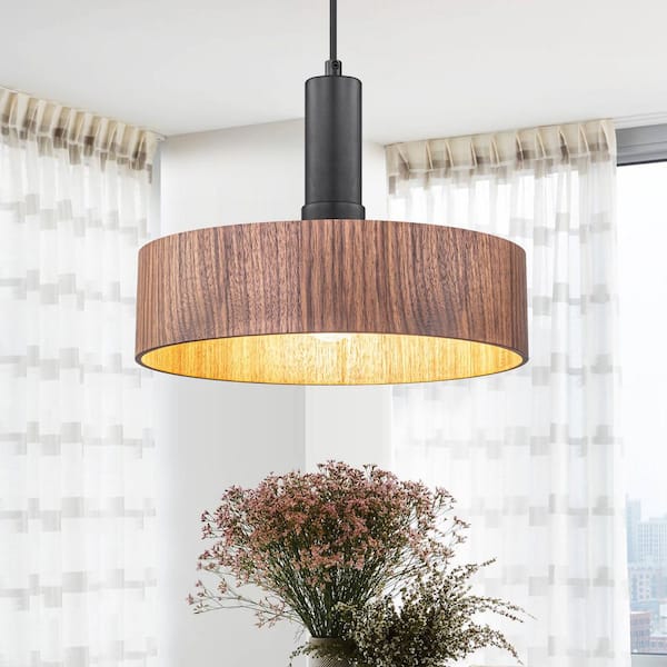 11.81 in. 60-Watt 1-Light Modern Matte Black Pendant Light with Wooden Shade