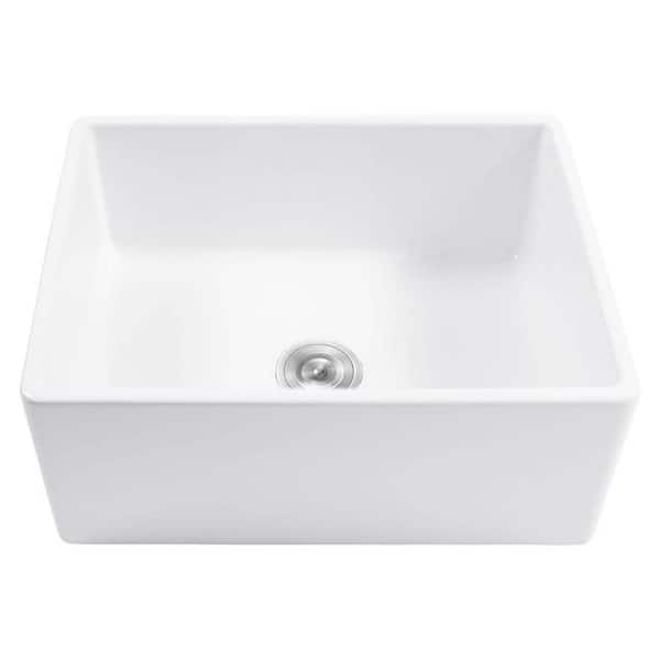 White Fireclay 24 in. Single Bowl Apron-Front Kitchen Sink with Basket Strainer