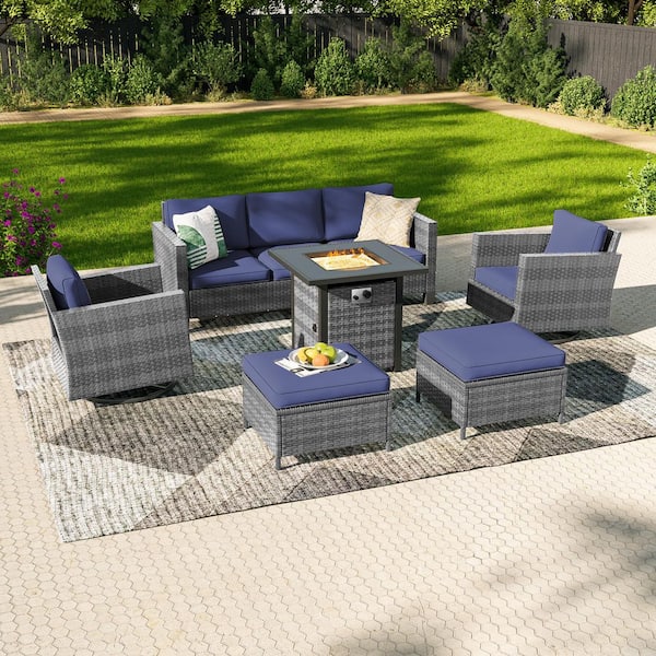6-Pieces Patio Conversation Set with Square Fire Pit Table and Swivel Rocking Chairs, Gray Wicker Navy Blue Cushion