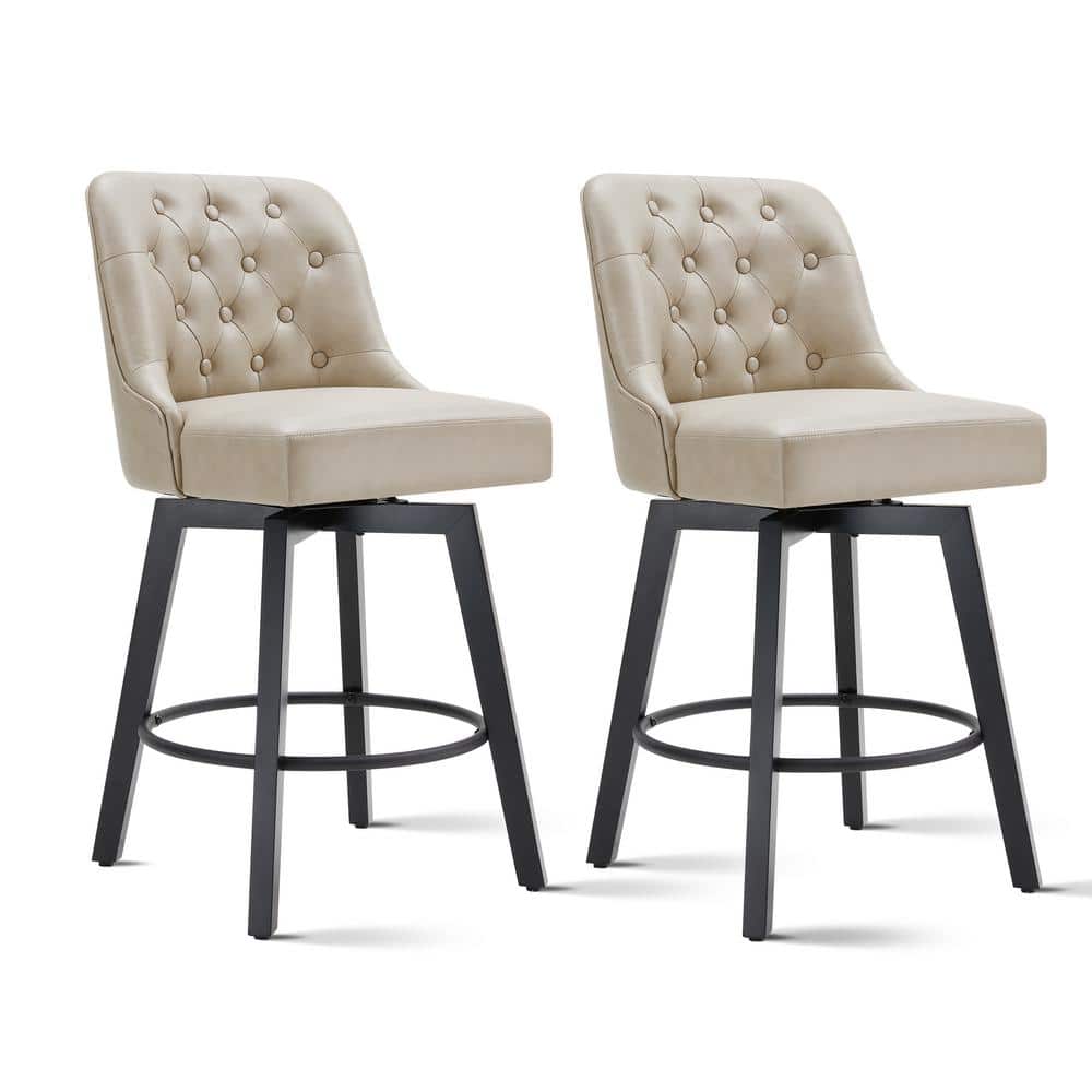 Beige Faux Leather Swivel Counter Height Barstools with Black Wood Legs, Set of 2