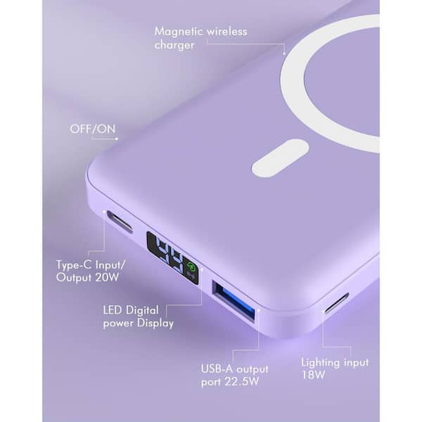 Etokfoks Wireless Portable Charger Foldable 10000mAh Magnetic Power Bank  with LED Display 22.5W for Iphone in Light Purple MLPH007LT359 - The Home  Depot