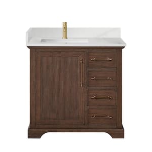 Tokyo 36 in. W. x 22 in. D x 33.9 in. H Single Bath Vanity in Aged Dark Brown Oak with Silk White Quartz Stone Top