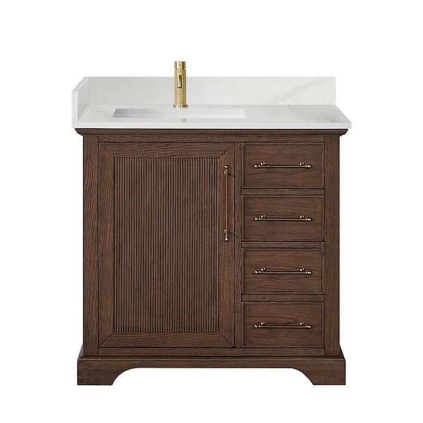 Tokyo 36 in. W. x 22 in. D x 33.9 in. H Single Bath Vanity in Aged Dark Brown Oak with Silk White Quartz Stone Top