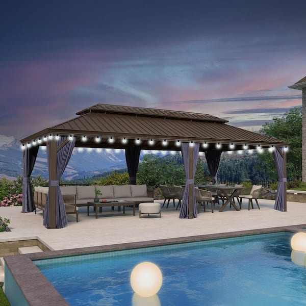 PURPLE LEAF 12 ft. x 24 ft.Bronze Patio Outdoor Gazebo for Backyard Hardtop Aluminum Frame with Hooks Netting Blue Curtain 48 Lights