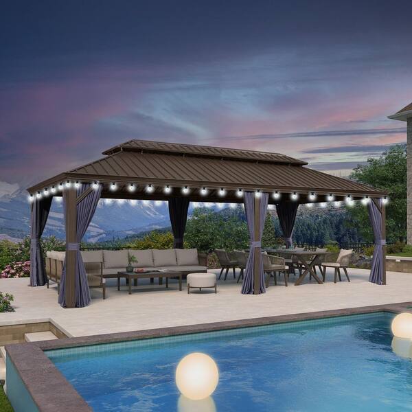 PURPLE LEAF 12 ft. x 24 ft.Bronze Patio Outdoor Gazebo for Backyard Hardtop Aluminum Frame with Hooks Netting Blue Curtain 48 Lights