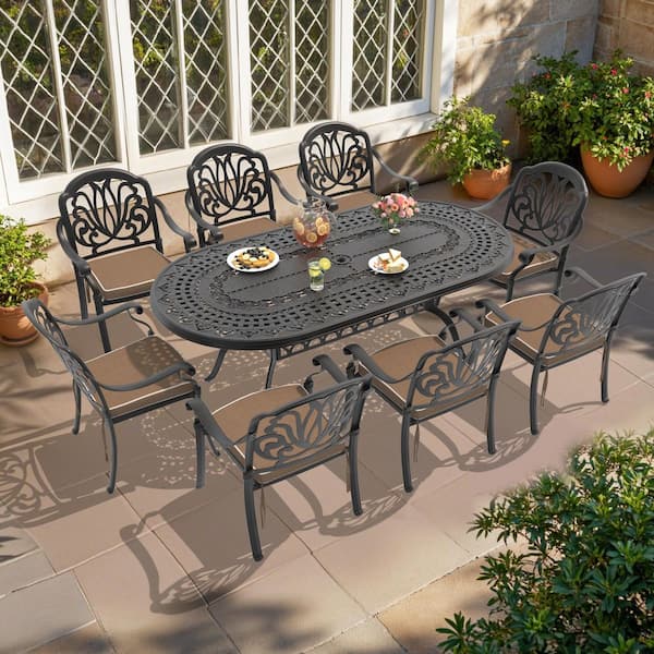 Willit Elizabeth Black 9-Piece Cast Aluminum Outdoor Dining Set with Oval Table and Dining Chairs and Brown Seat Cushion