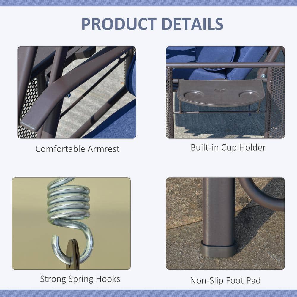 Dark Blue Metal 2-Person Patio Swing Chair with Adjustable Canopy