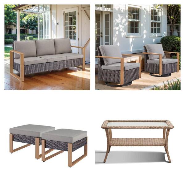 Wicker Outdoor Patio Set: Brown 3 Seat Sofa, Rocking Chair (2-Pack), Ottoman, and Yellow Side Table