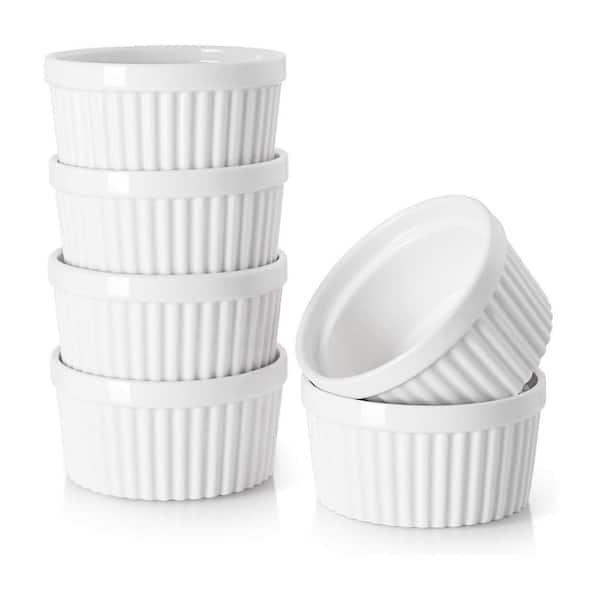 6-Piece Round Porcelain Ramekin Set Oven Safe for Baking Souffle Creme Brulee Custard Dipping Sauce White