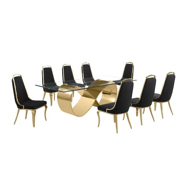 Best Quality Furniture Celia 9-Piece Clear Tempered Glass Top with Gold Stainless Steel Base Dining Set with 8 Black Boucle Fabric Chairs
