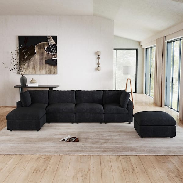 Magic Home 100 in. Square Arm 6-Piece Chenille L-Shaped Modualr Sectional Sofa Corner Couch with Ottomans for Gathering in. Black