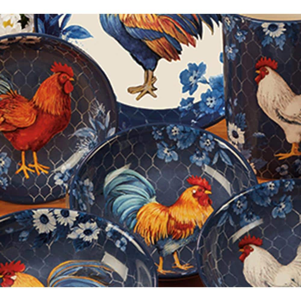 Indigo Rooster Ceramic 16-Piece Dinnerware Set, Service for 4