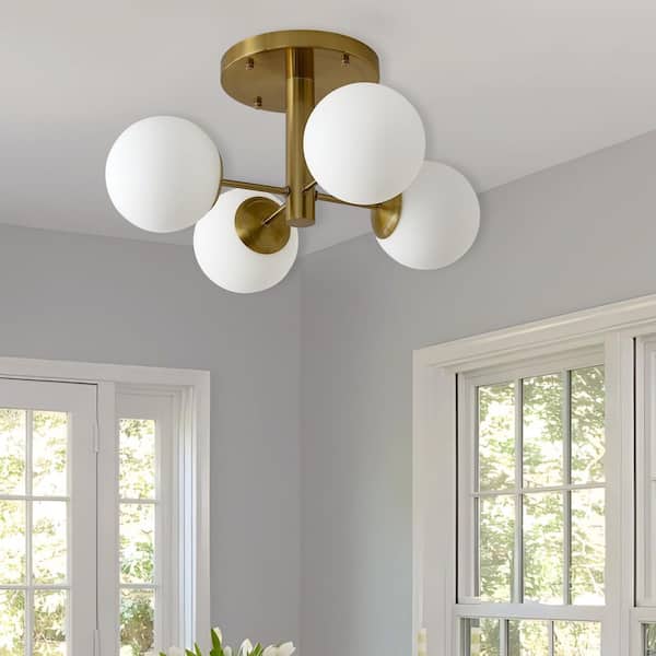Modern 21.7 in. 4-Light Gold Industrial Semi-Flush Mount With opal Glass Shade