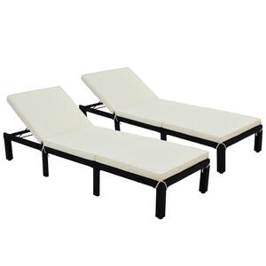 Black 2-Piece Wicker Lounge Chair Outdoor Reclining Sunbed Rattan Chaise Lounge with Adjustable Backrest & Beige Cushion