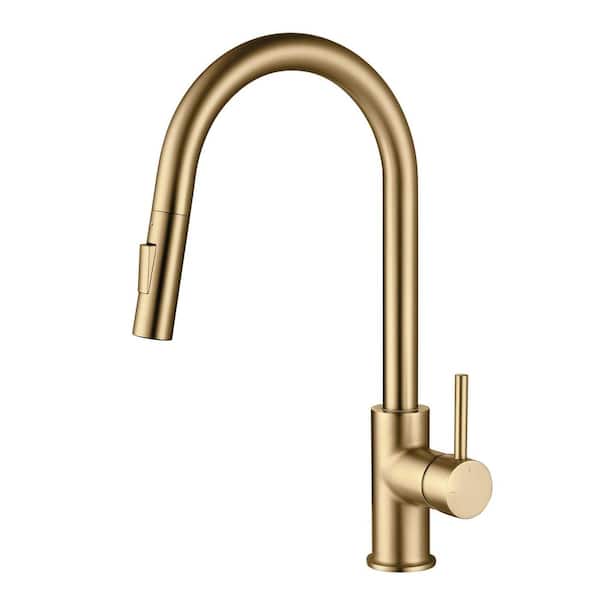 Single Handle Brushed Brass 16.5 in. H Pull Down Sprayer Kitchen Faucet With 360 ° Spout Swivel