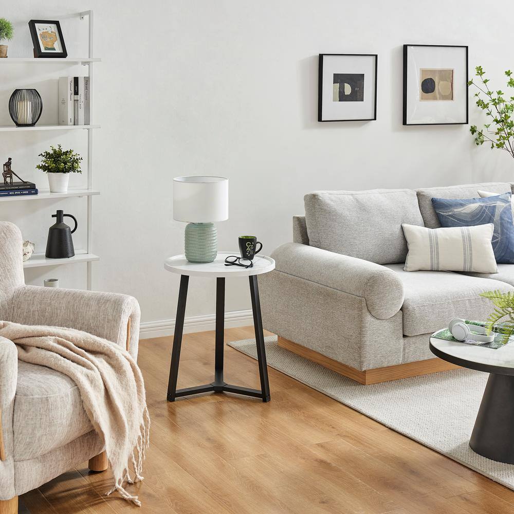 Harper Round White Marble and Black Metal Side Table
