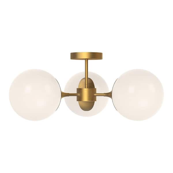 Nouveau 26 in. 3 Light 40-Watt Aged Gold/Opal Matte Glass Semi-Flush Mount