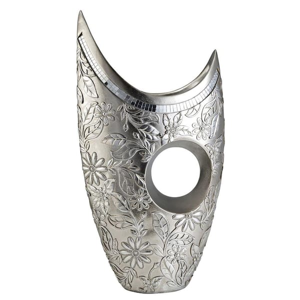 ORE International 17 in. H Chrysanthemum Polyresin Decorative Vase in Silver