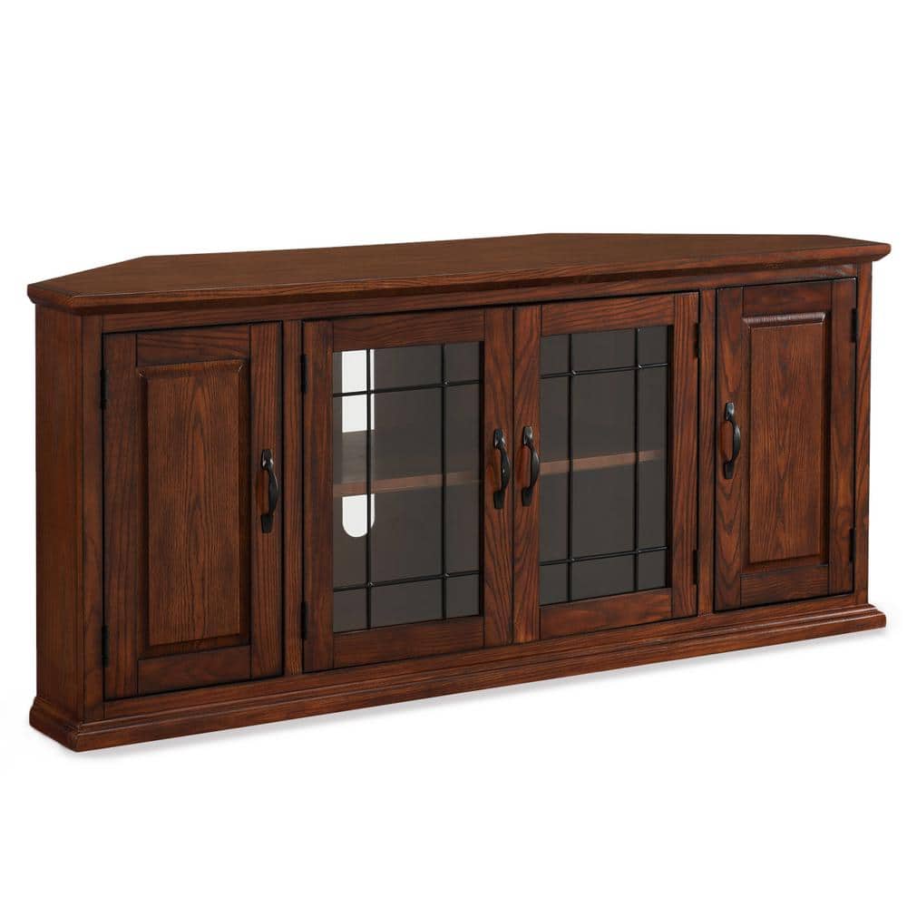 Burnished Oak Corner TV Stand with Blackened Metal Handles