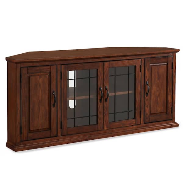 Leick Home Riley Holliday 56 in. W Burnished Oak Leaded Glass Corner TV Stand with Enclosed Storage Holds TV's up to 60 in. W
