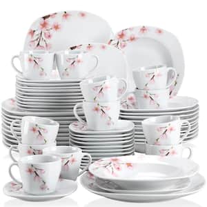 60-Piece Pink Floral Ivory White Porcelain Dinnerware (Set Service for 12)