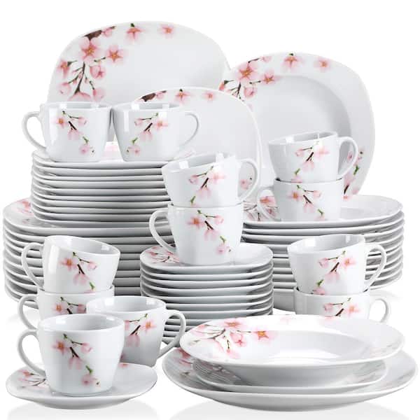 VEWEET 60-Piece Pink Floral Ivory White Porcelain Dinnerware (Set Service for 12)