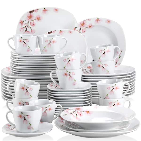 60-Piece Pink Floral Ivory White Porcelain Dinnerware (Set Service for 12