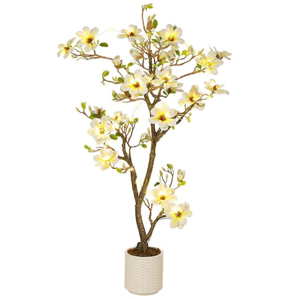 5 ft. Faux Magnolia Plants with Lights Fake Flower Tree, Artificial Magnolia Tree with 120 Realisc Flowers in White Pot