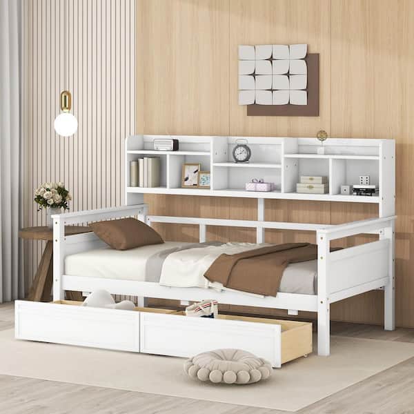 White Twin Size Daybed with Bedside Shelves and Drawers