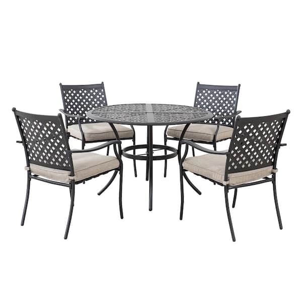 Sunjoy Seattle Black 5 Piece Metal Lattice Outdoor Dining Set With Beige Seat Cushions 169421 The Home Depot Sunjoy Seattle Black 5 Piece Metal, Outdoor Patio Furniture Seattle