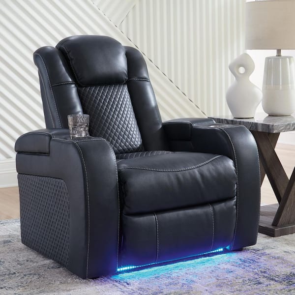 Fyne-Dyme Blue Faux Leather Standard Power Recliner with Adjustable Headrest and Storage