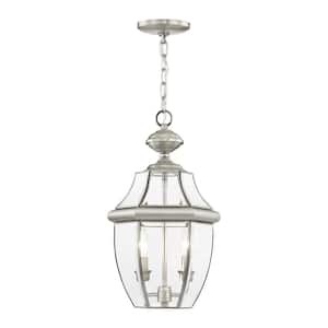 Aston 19 in. 2-Light Brushed Nickel Dimmable Outdoor Pendant Light with Clear Beveled Glass and No Bulbs Included