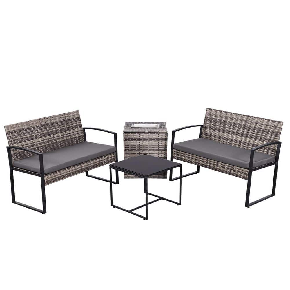 Gray 4-Piece Wicker Patio Conversation Set with Table and Gray Cushions and Ice Bucket Storage for Backyard Garden price history on PriceWatchPro