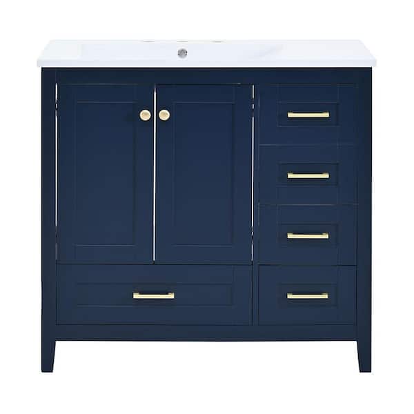 Aoibox 36 in. Freestanding Bath Vanity Cabinet in Blue with White Single Resin Sink, 4-Drawers and 2 Soft-Close Doors