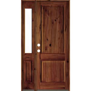 50 in. x 96 in. Rustic Knotty Alder Right-Hand/Inswing Clear Glass Red Chestnut Stain Wood Prehung Front Door w/Sidelite