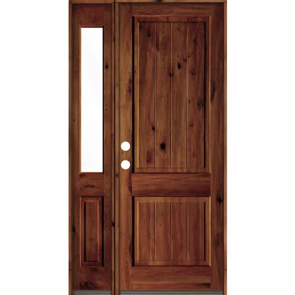 Krosswood Doors 50 in. x 96 in. Rustic Knotty Alder Right-Hand/Inswing Clear Glass Red Chestnut Stain Wood Prehung Front Door w/Sidelite