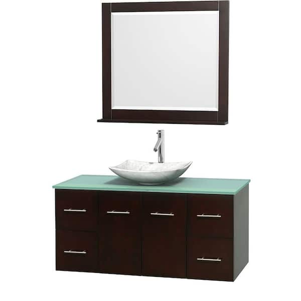 Wyndham Collection Centra 48 in. Vanity in Espresso with Glass Vanity Top in Green, Carrara White Marble Sink and 36 in. Mirror