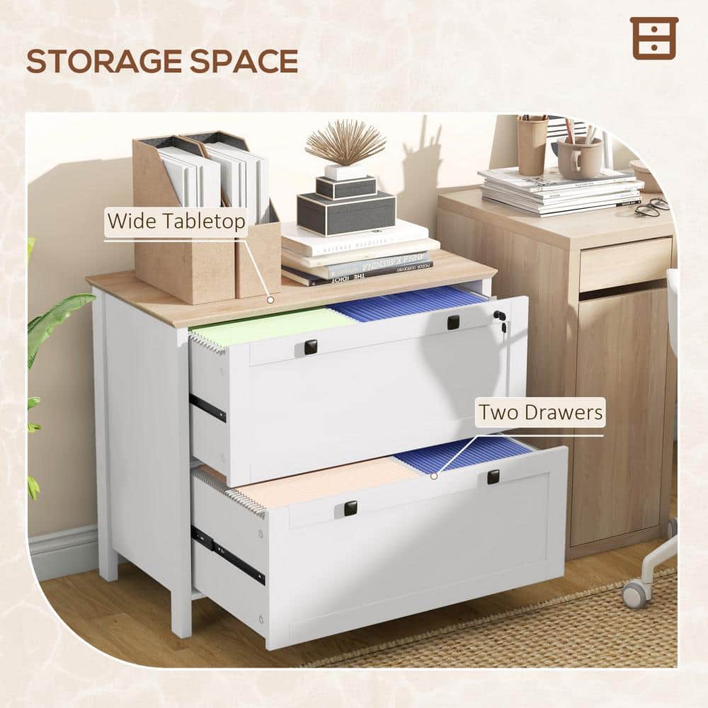 White and Light Wood 2-Drawer Lockable Lateral Filing Cabinet