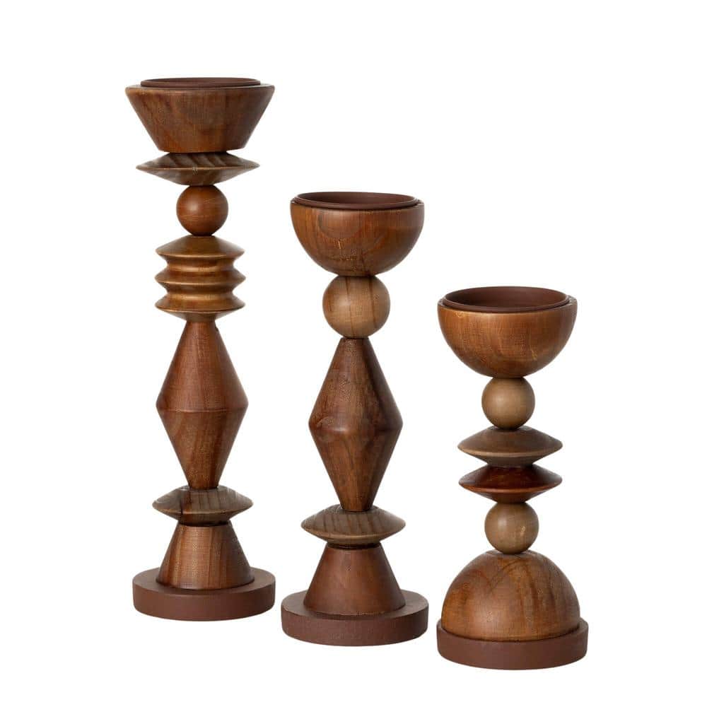 Retro Wood Geometric Candlestick Holder Set of 3