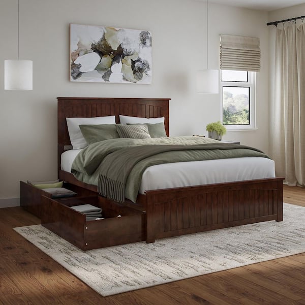 Nantucket Walnut Brown Solid Wood Frame Queen Platform Bed with Matching Footboard and Storage Drawers