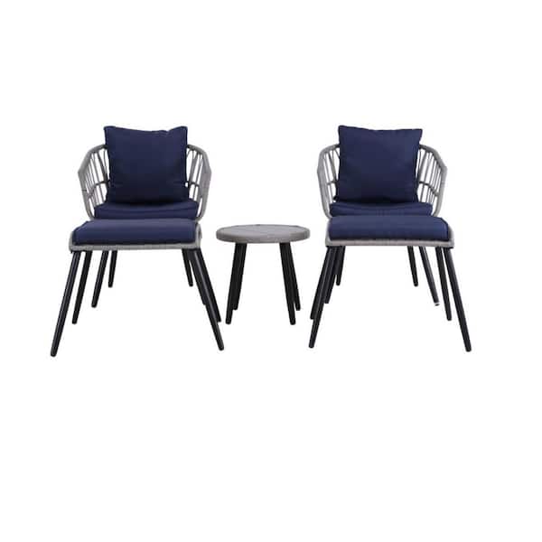 Unbranded 5-Piece Gray PE Rattan Wicker Patio Conversation Set with Navy Blue Cushions, 2 Outdoor Chairs, 2 Ottomans, Coffee Table